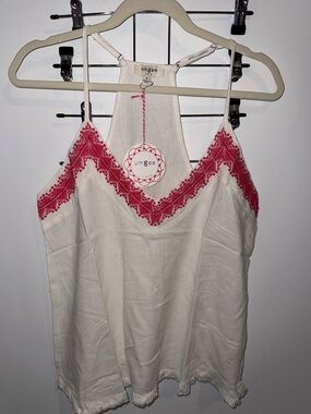 Umgee Women’s Cream Tank Top with Pink Embroidered V-Neck